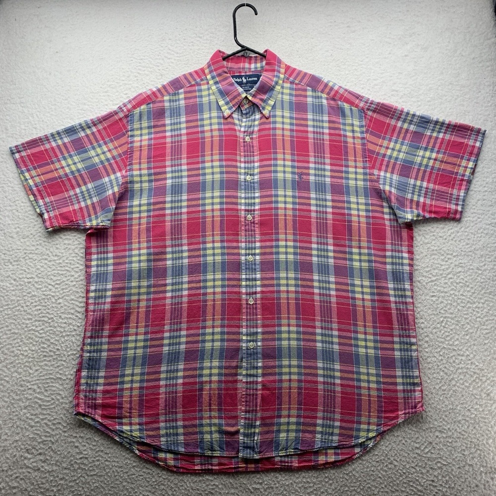 Ralph Lauren Button Up Blake Shirt Mens XL Pink Blue Pastel Madras Plaid Preppy